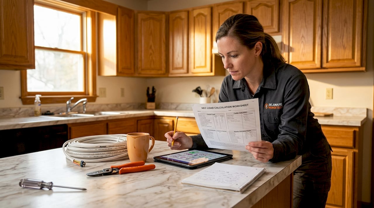 Electrician reviewing load calculation worksheet