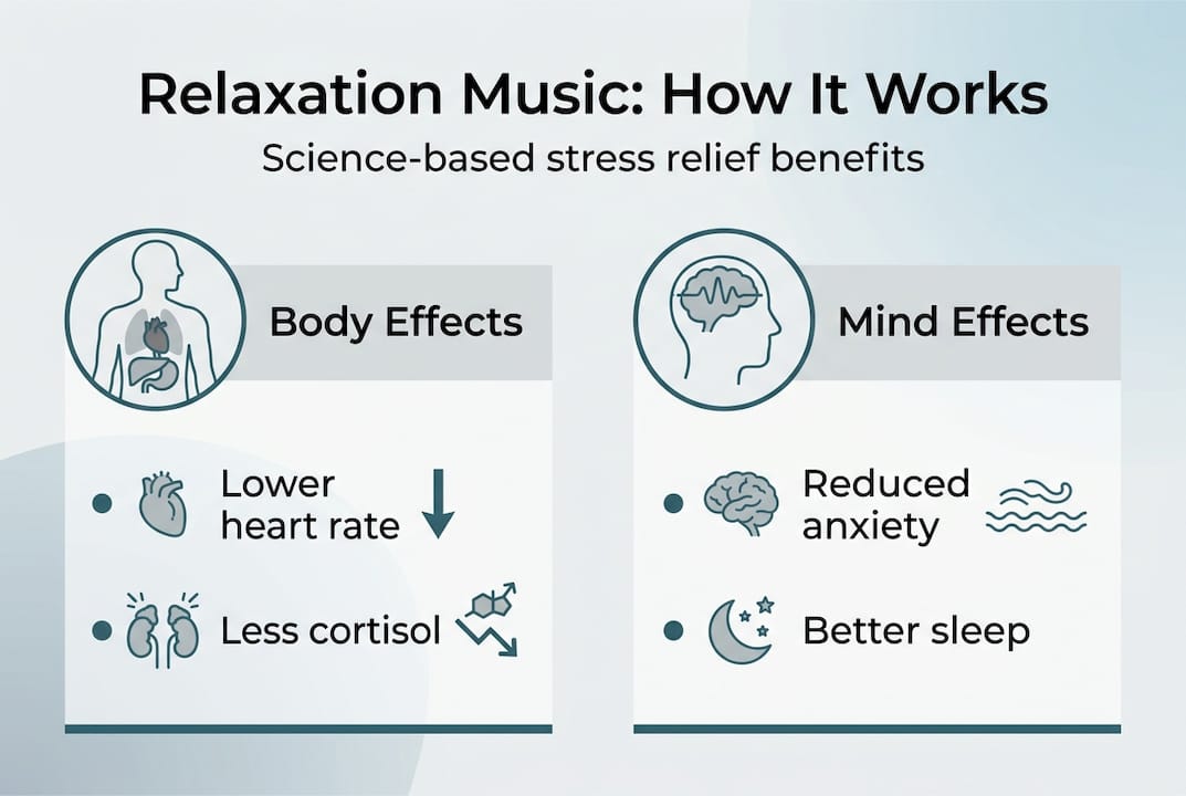Why relaxation music matters for stress relief: science 2 Infographic on how relaxation music reduces stress