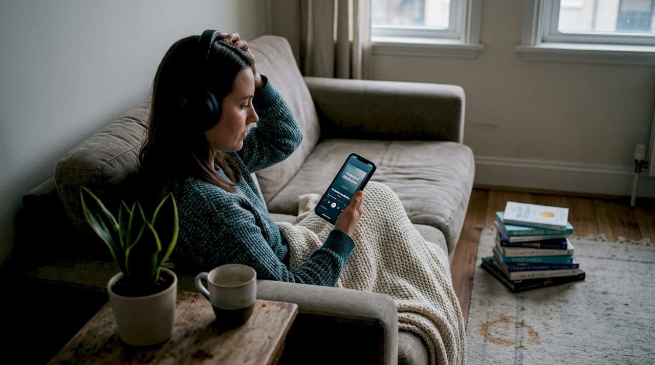 Deep relaxation guide: mindful steps and orchestral soundscapes 2 Woman starting orchestral meditation session