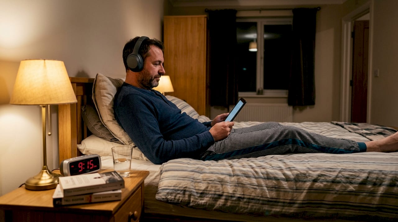 Why relaxation music matters for stress relief: science 1 Man winding down with relaxing music in bedroom
