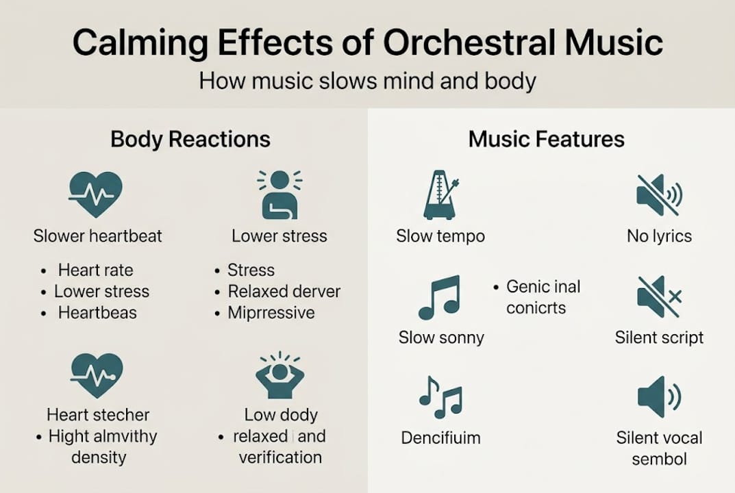 The science behind orchestral music's calming power 2 Infographic showing orchestral music calming effects