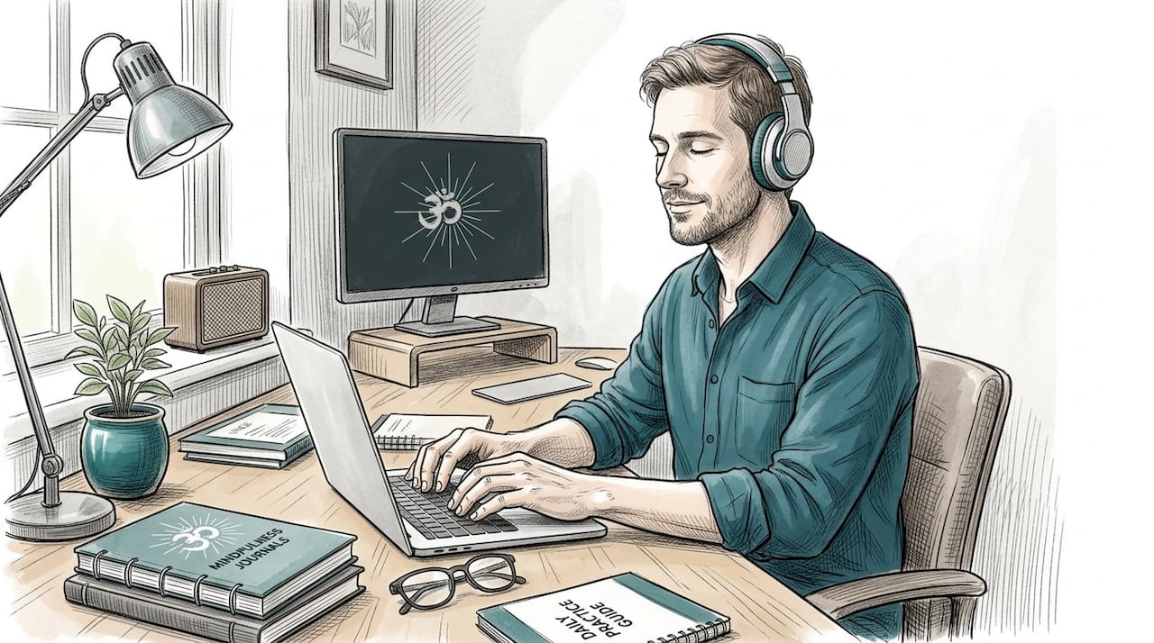 The scientific approach to meditation: music and soundscapes 1 Man meditating with orchestral music in office