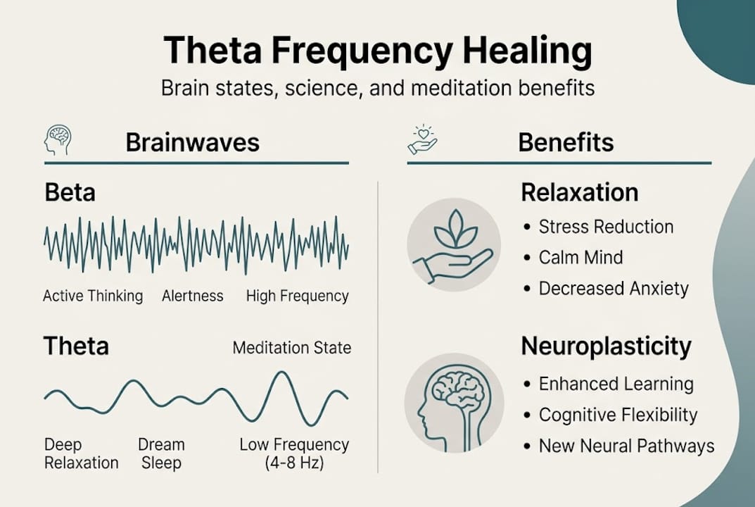 Theta frequencies for healing: science and meditation 1 Infographic on theta brainwaves and benefits