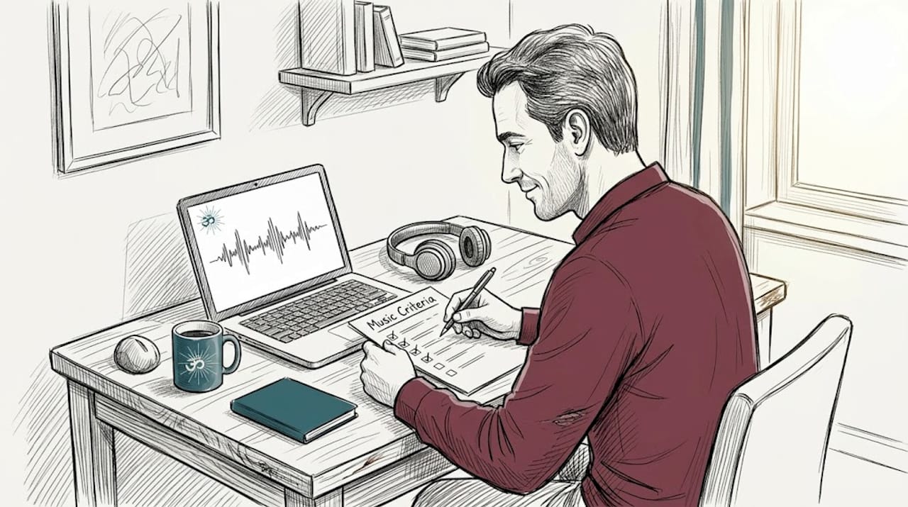 Relaxation music checklist: Essential criteria for wellness 1 Man checking music criteria list at home desk