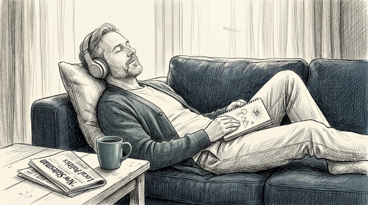 Explore deep meditative states for profound relaxation 1 Man listening to theta meditation on couch