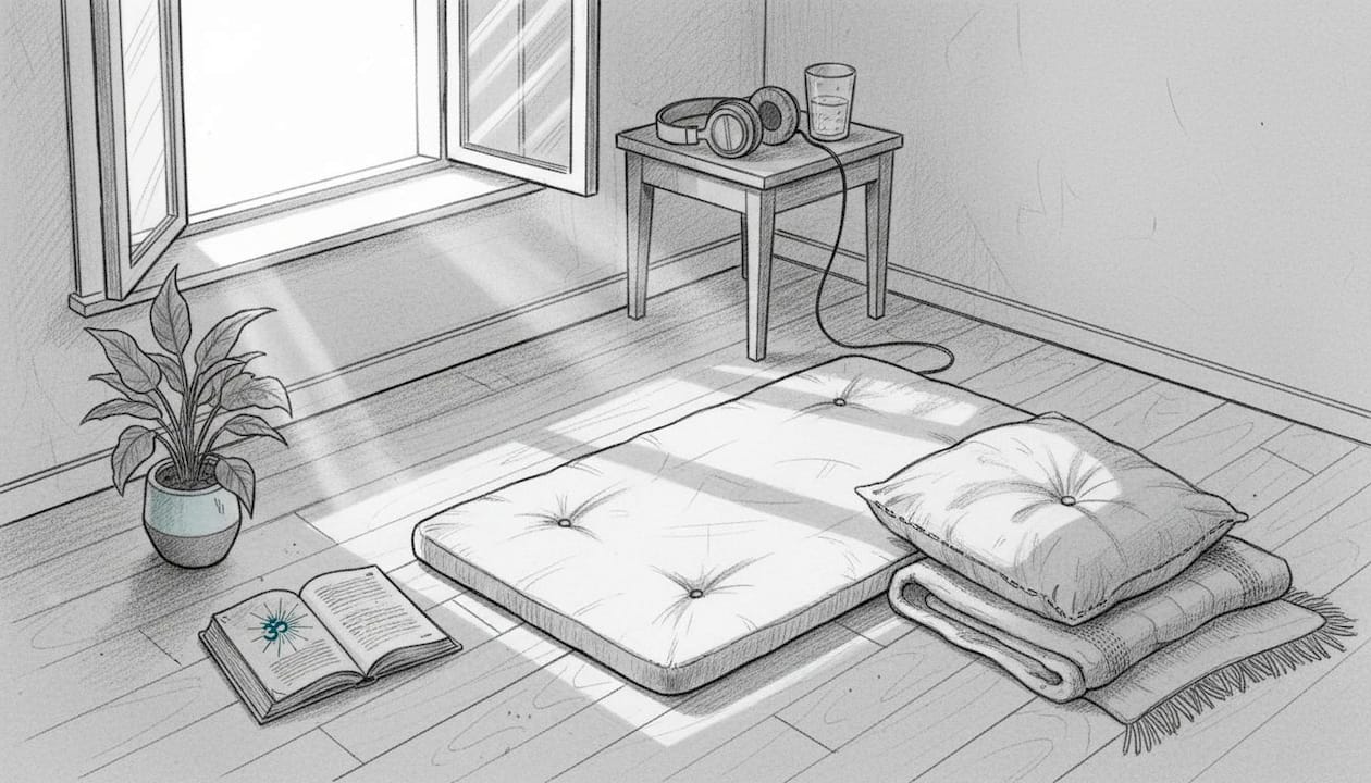 Relax deeply with step by step guided meditation 1 Home meditation space with mat and props