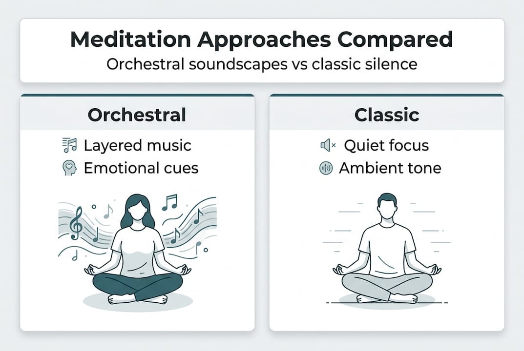 Relax deeply with step by step guided meditation 2 Infographic comparing orchestral and classic meditation