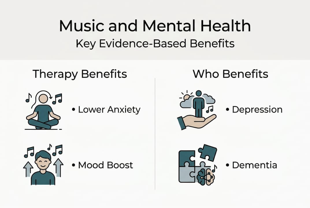 How music supports mental health: Evidence-based benefits 2 Infographic showing music therapy’s key evidence-based benefits