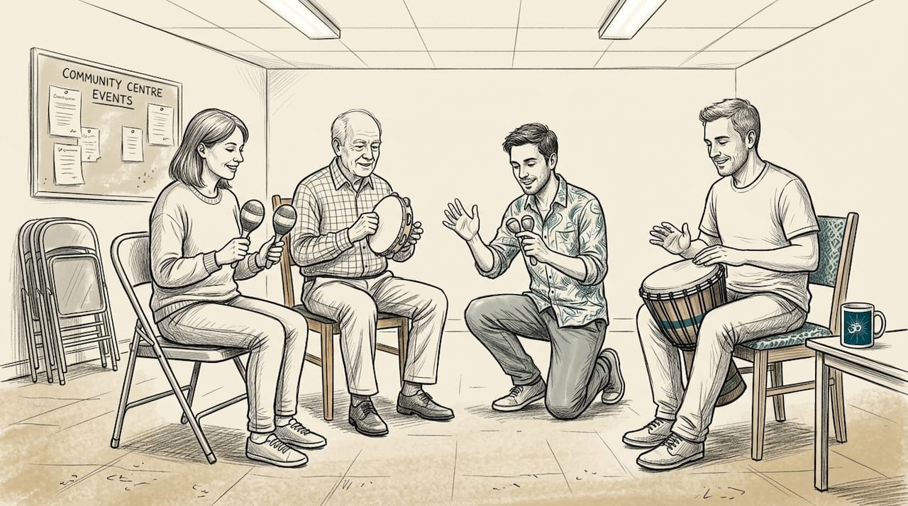 How music supports mental health: Evidence-based benefits 1 Music therapy group playing simple instruments