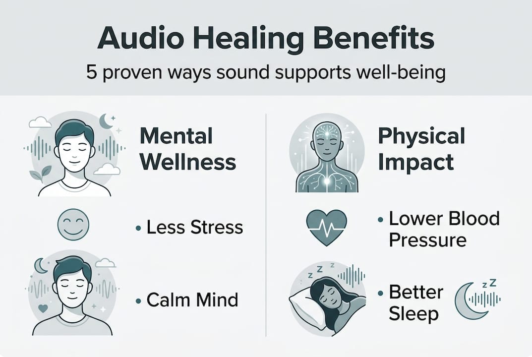 Audio healing techniques: 5 proven benefits for well-being 2 Infographic of key audio healing benefits