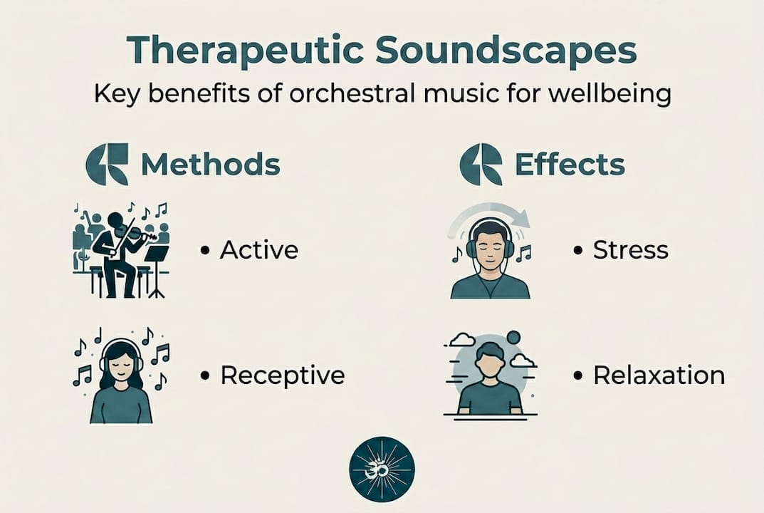 Therapeutic music: a guide to holistic orchestral soundscapes 2 Infographic showing orchestral music benefits and methods