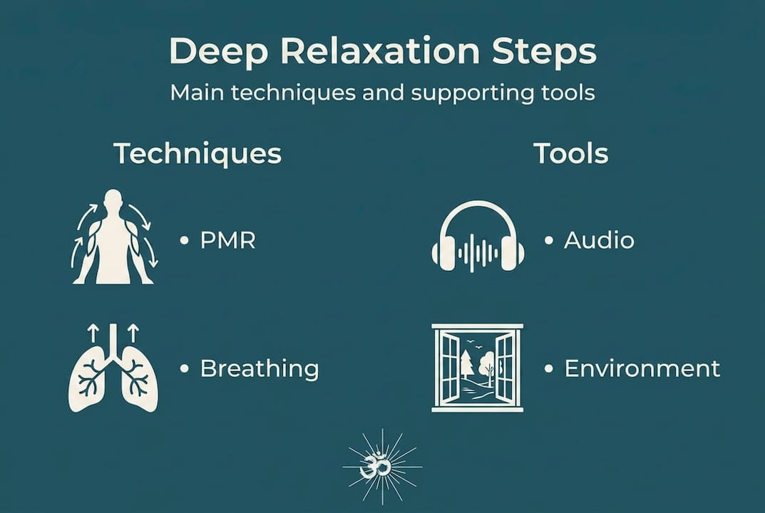 Facilitate deep relaxation: A step-by-step guide 2 Infographic showing deep relaxation steps and tools