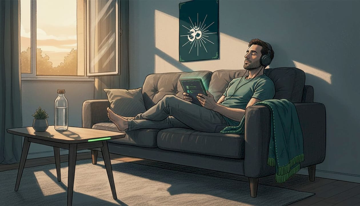 How music frequencies support spiritual growth 1 Man relaxing with headphones listening to binaural beats