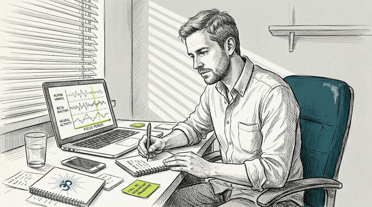 Unlock deeper meditation with advanced audio techniques 1 Man taking notes beside brainwave diagram