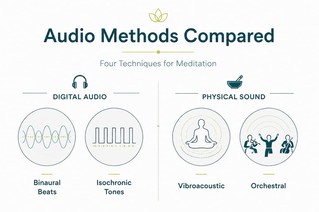 Unlock deeper meditation with advanced audio techniques 2 Infographic splitting digital and physical audio techniques