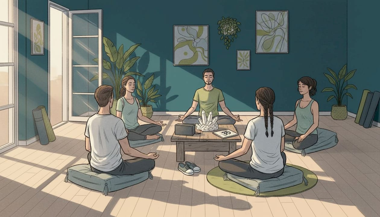 Why curated meditation libraries deepen mindfulness 1 Small group practicing meditation with guided audio
