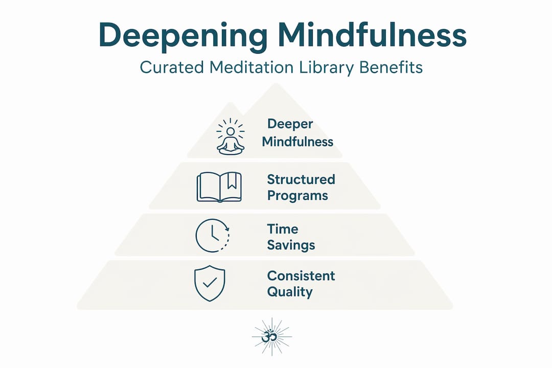 Why curated meditation libraries deepen mindfulness 2 Hierarchy infographic showing curated meditation benefits