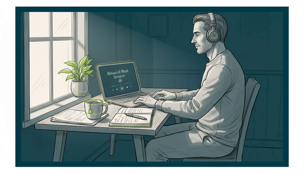Top ways to enhance meditation with sound and music 1 Man listening to binaural beats in home office