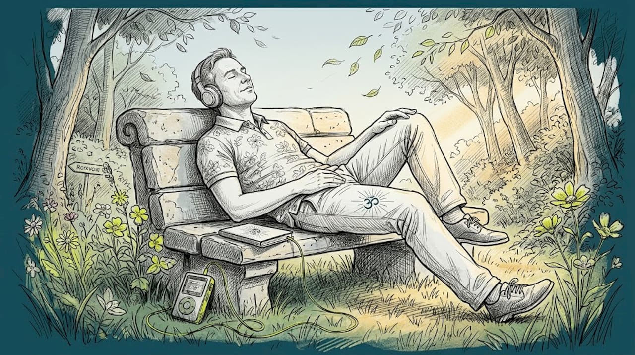 Enhance mindfulness with science-backed sound and music 1 Man relaxing with headphones on park bench