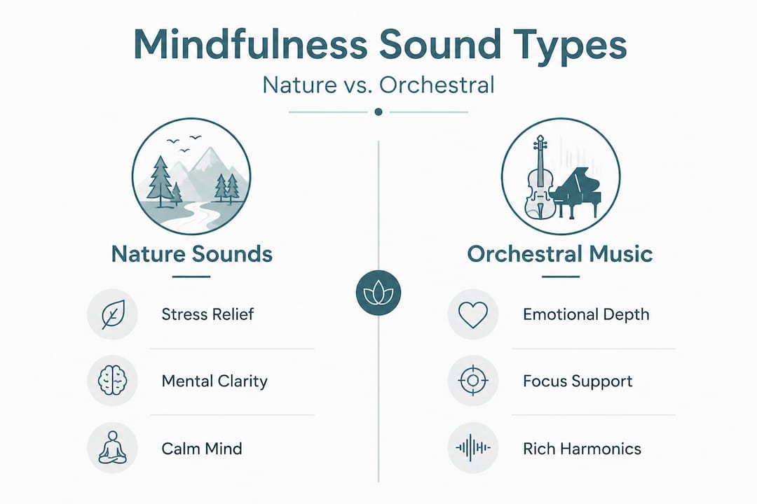 Enhance mindfulness with science-backed sound and music 2 Infographic comparing nature and orchestral sounds for mindfulness
