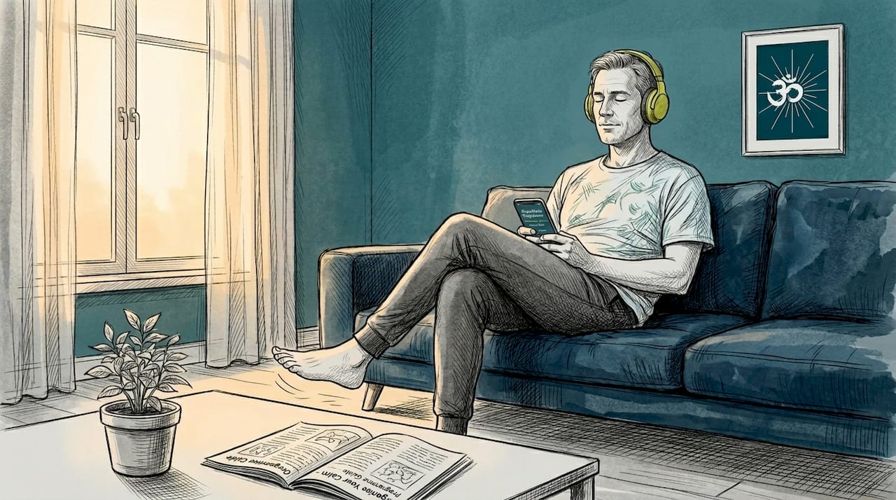 Why sleep practitioners use music: a science-backed guide 2 Man listens to sleep music in bedroom