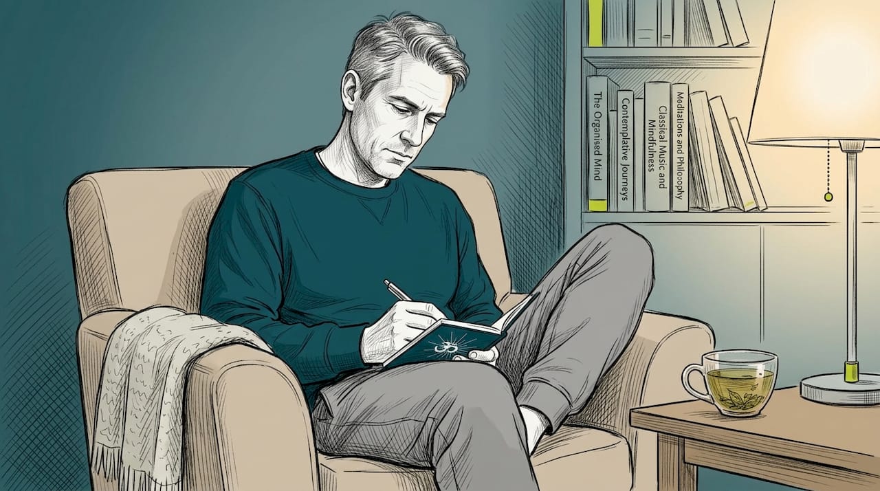 Your sleep meditation checklist for deeper rest 1 Man writing journal in evening living room