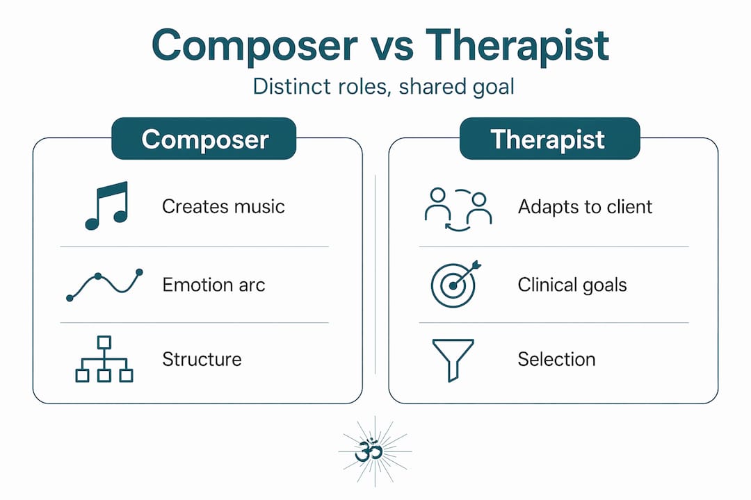 The role of composers in therapeutic music explained 2 Infographic comparing composer and therapist roles