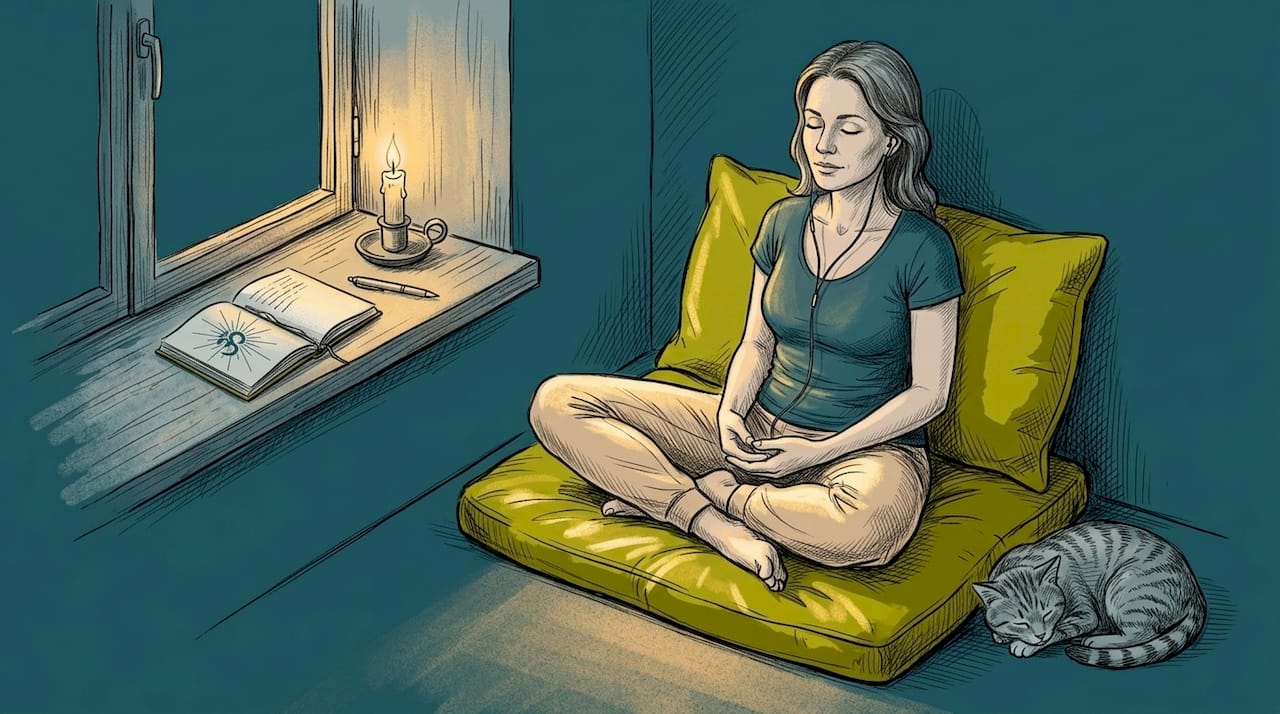 Why use orchestral soundscapes for mental wellness 1 Woman meditating while listening to orchestral music
