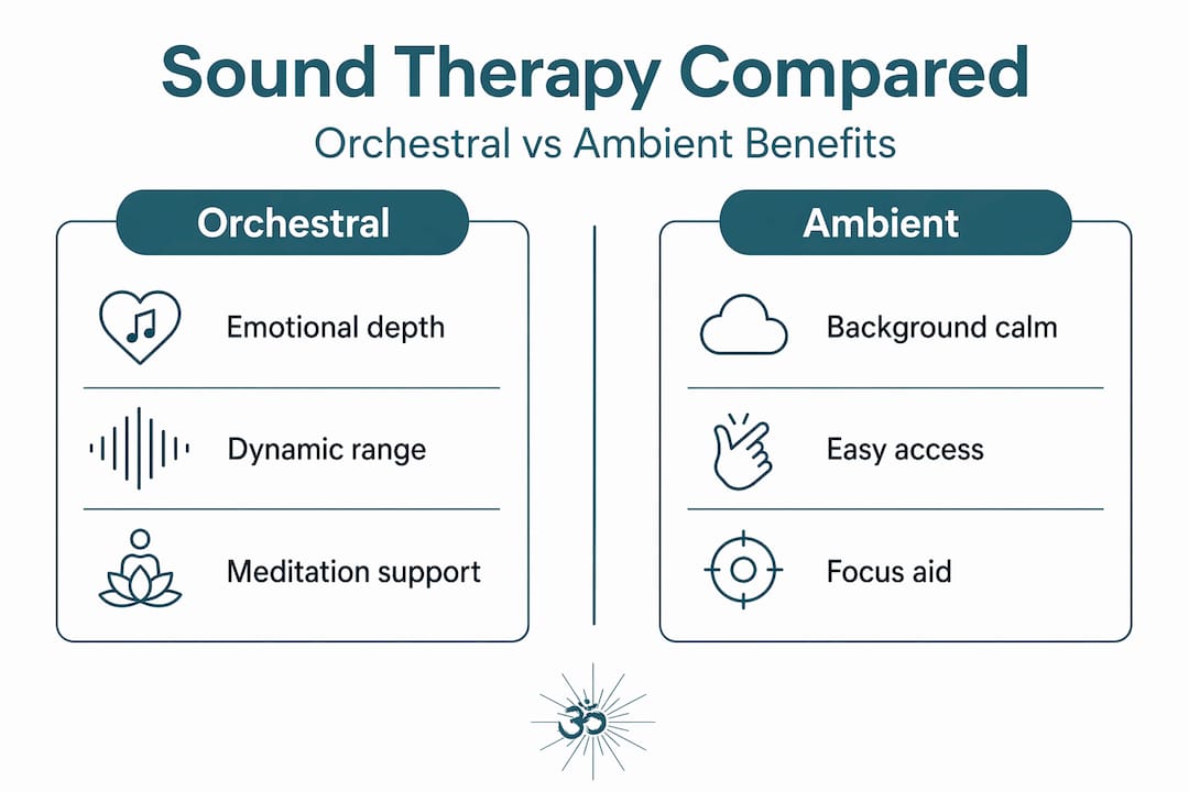 Why use orchestral soundscapes for mental wellness 2 Infographic comparing orchestral and ambient sound therapies