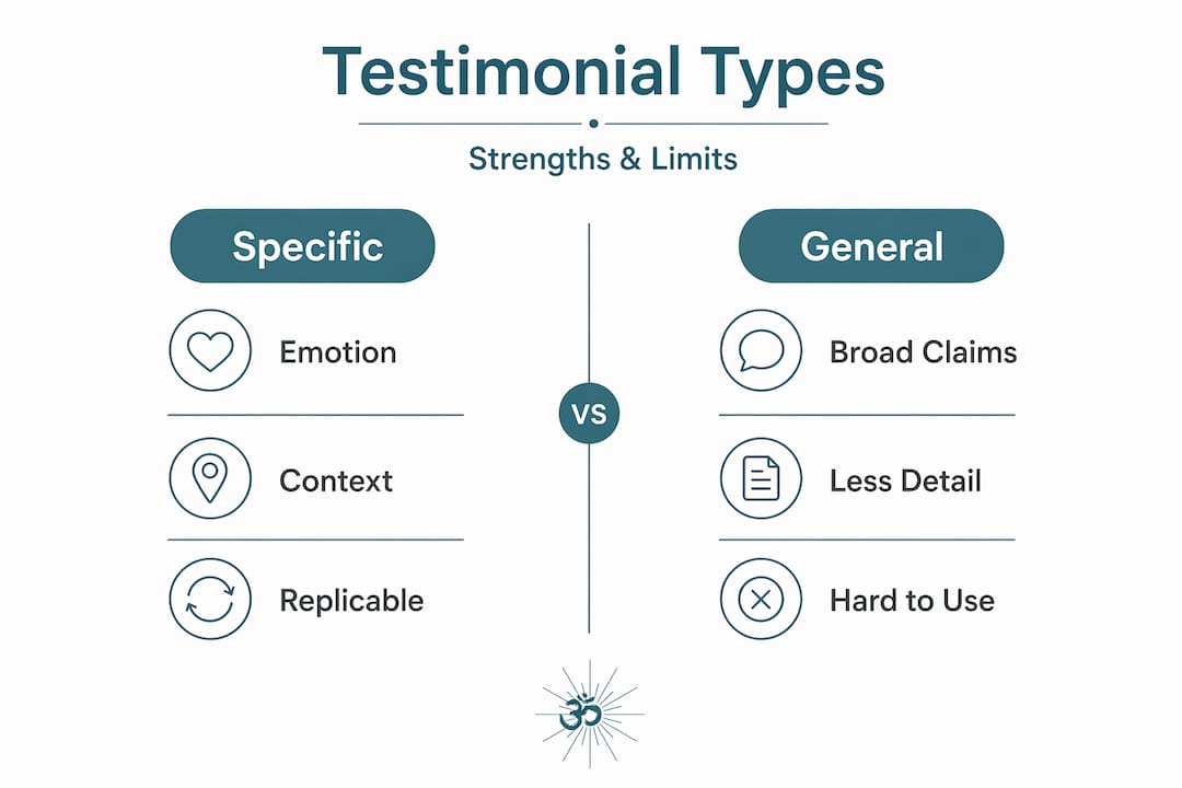 The role of testimonials in wellness music explained 2 Infographic comparing testimonial types and strengths