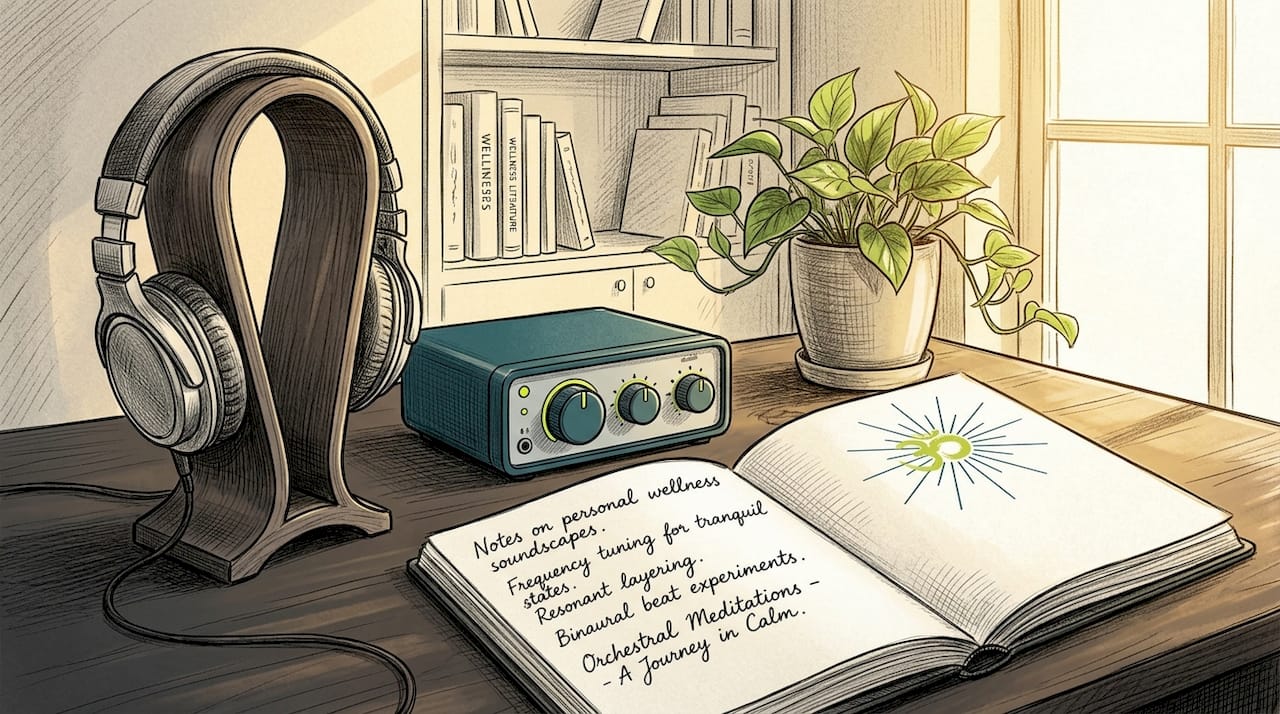 What is a personal wellness soundscape? 1 Home desk with sound therapy equipment and notes