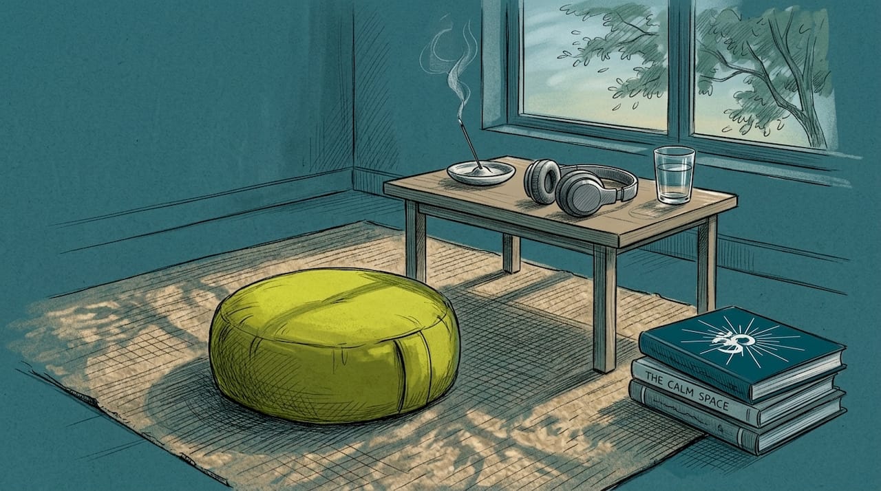 Creating a meditation routine that actually sticks 1 Meditation space with cushion, timer and headphones