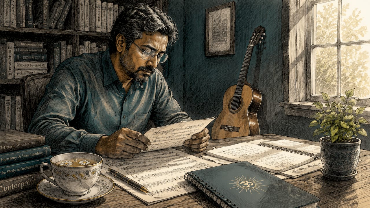 What is scientific music composition: a 2026 guide 1 Composer studying musical scores with computer