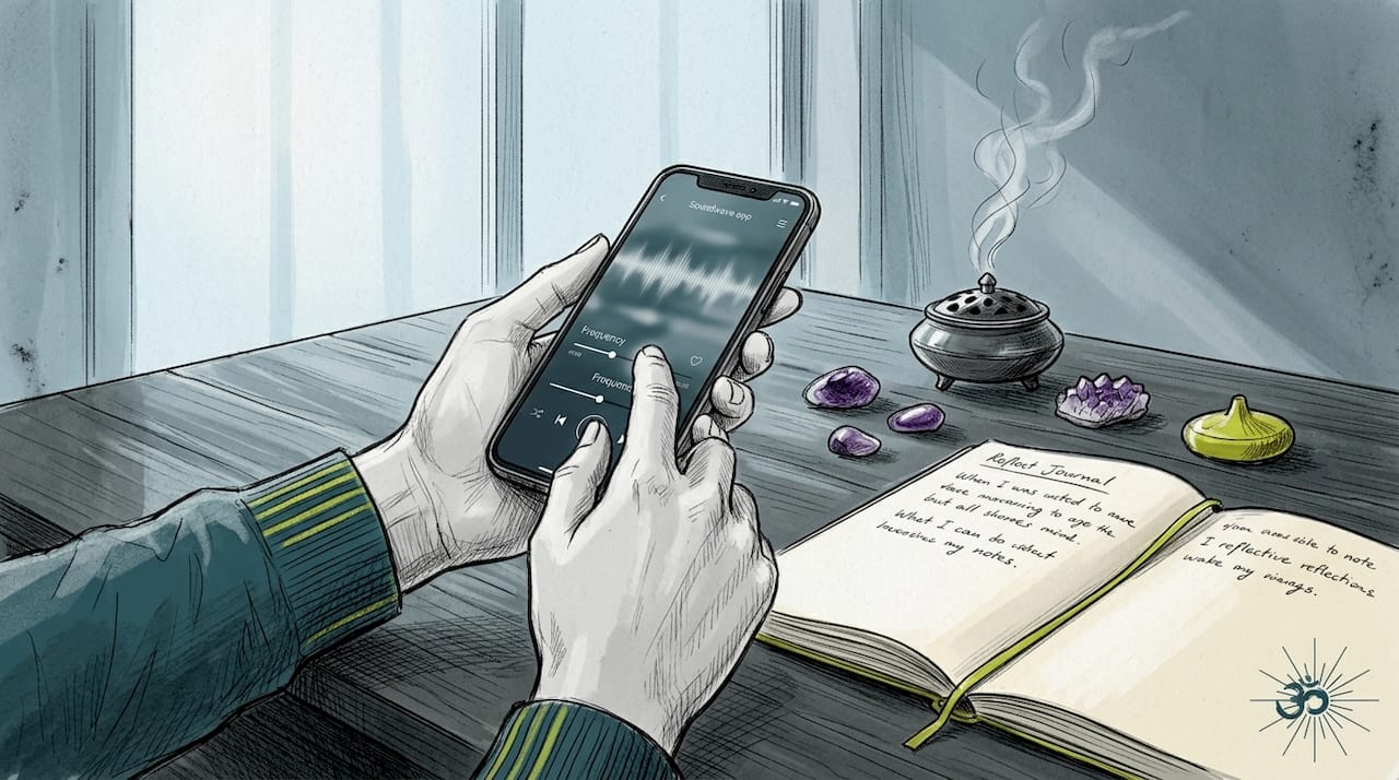 Frequencies for meditation: your complete sound guide 1 Hands adjusting meditation frequency on smartphone