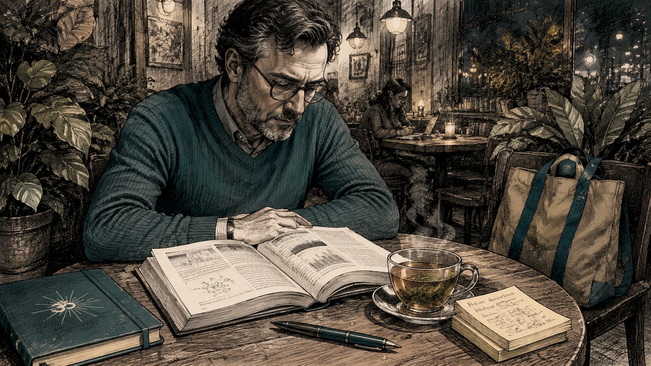 Curated wellness music lists: your expert guide 1 Man reading neuroaesthetic research in home study
