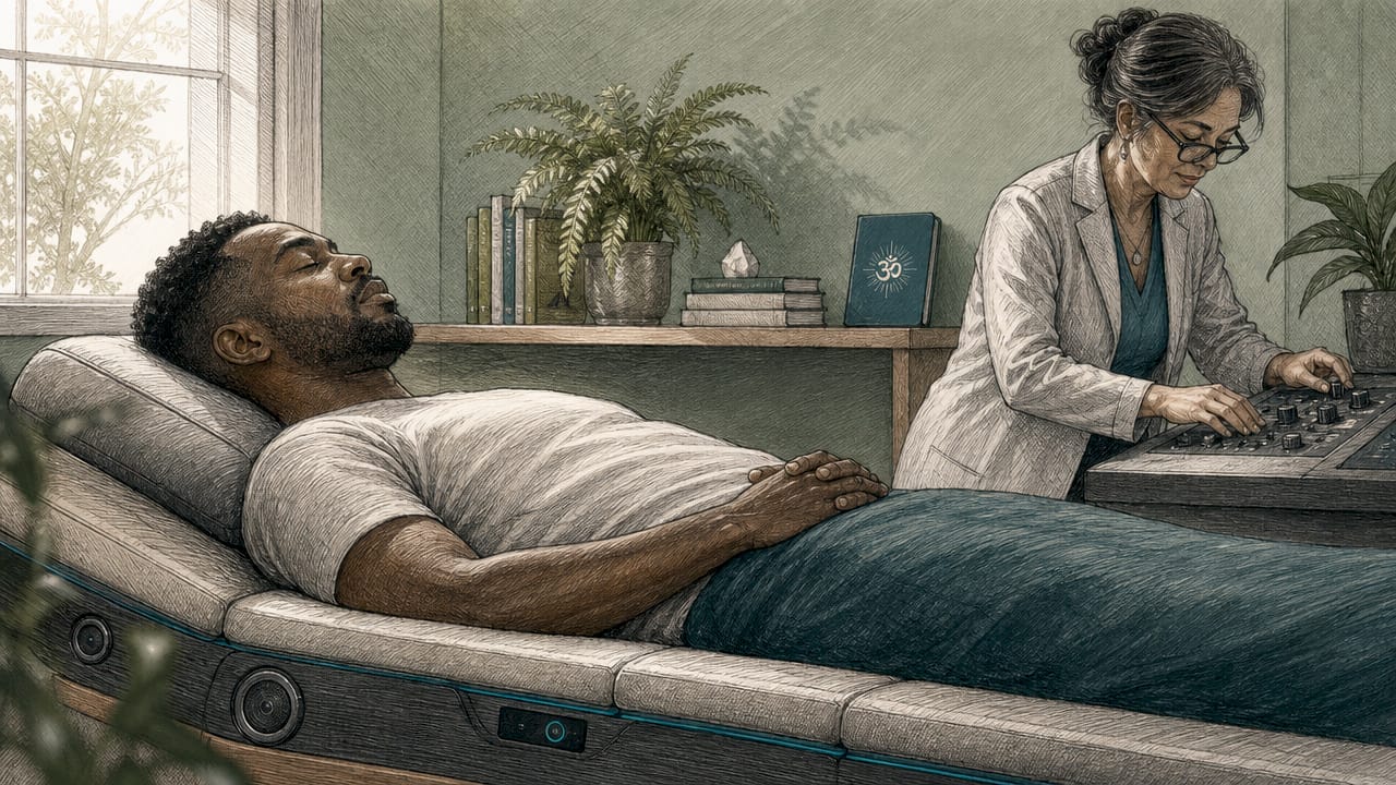 Sound healing: a complete guide to frequencies and techniques 1 Patient in vibroacoustic therapy clinical room