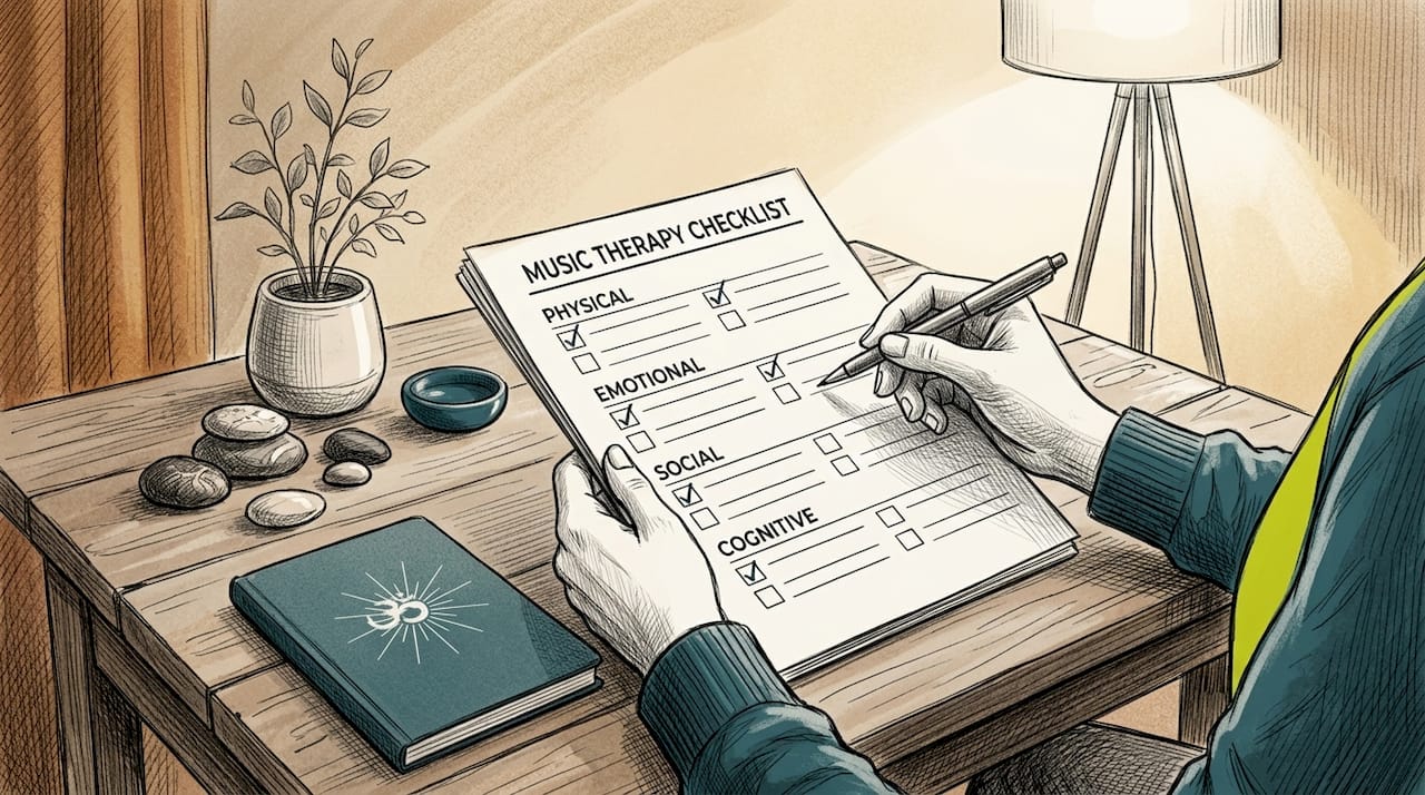 Music therapy checklist: boost mental health outcomes 1 Therapist hands completing music therapy checklist form
