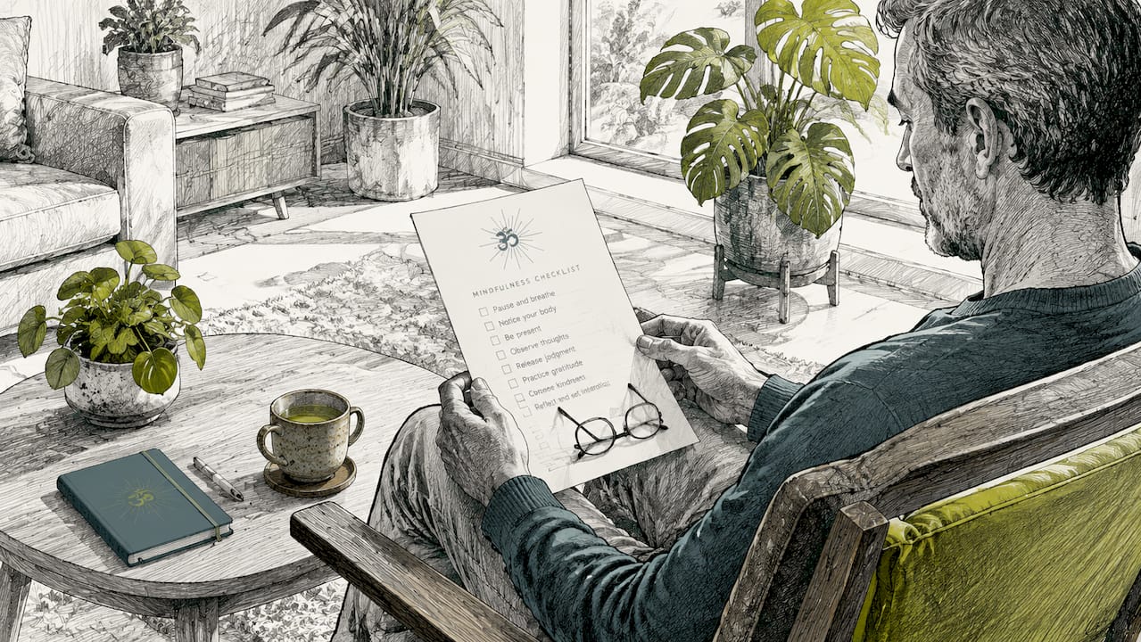 Mindfulness checklist 2026: build habits that stick 1 Man reviewing mindfulness checklist at desk