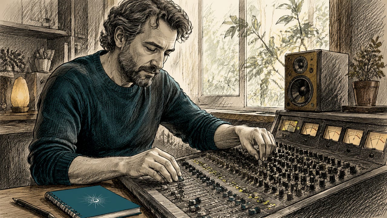 Music for hypnosis: frequencies, techniques, and top composers 1 Hands adjusting audio mixer controls in studio