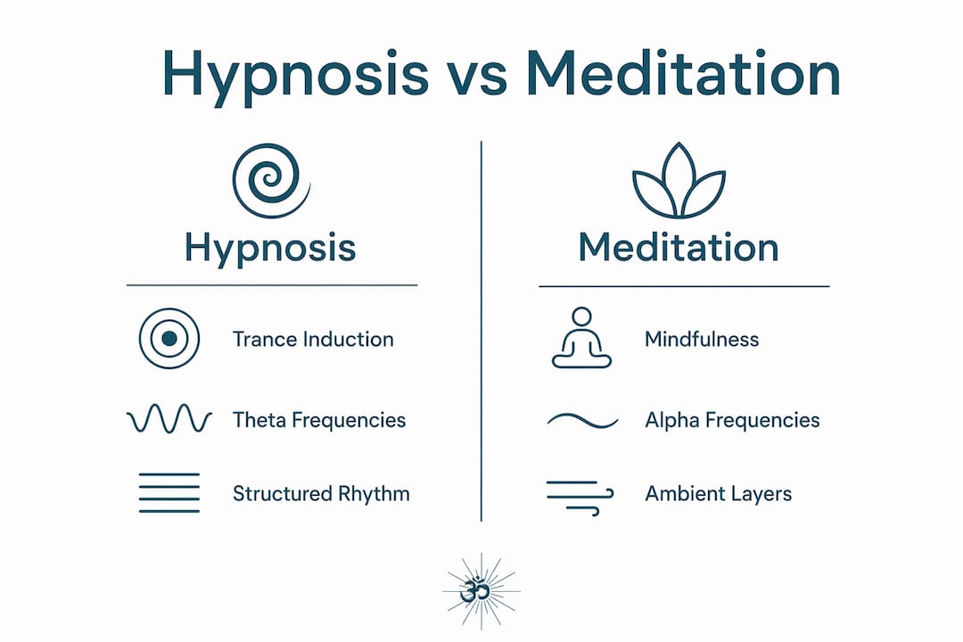 Music for hypnosis: frequencies, techniques, and top composers 2 Infographic comparing hypnosis and meditation music elements