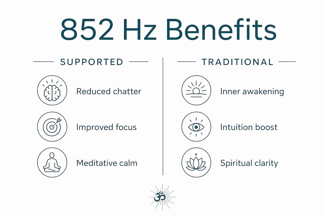 852 Hz frequency: meditation, intuition, and inner clarity 2 Infographic comparing supported and traditional benefits of 852 Hz frequency