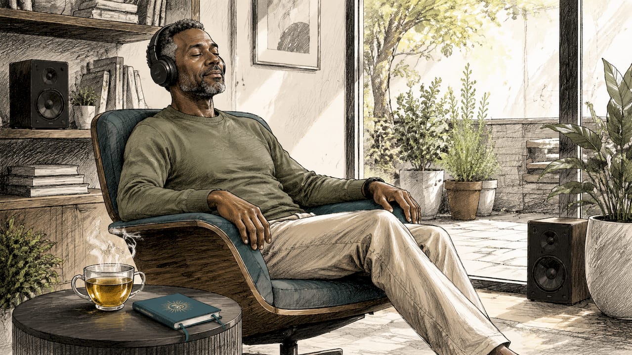 639 hertz: benefits, uses, and emotional healing 1 Man relaxing in armchair during sound therapy