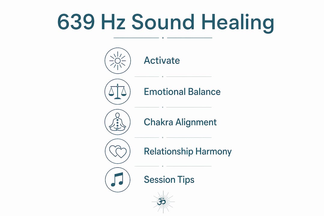 639 hertz: benefits, uses, and emotional healing 2 Infographic outlining 639 Hz sound healing key steps and benefits