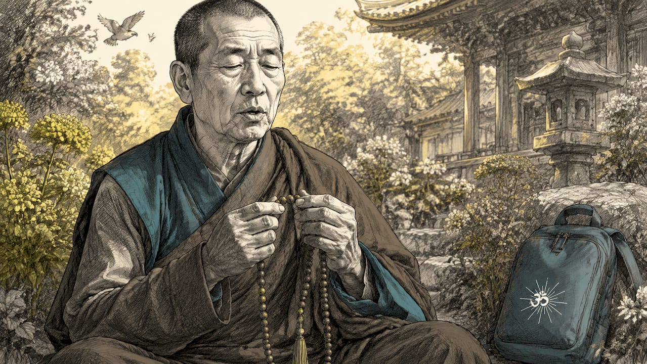 Music of Om: spiritual benefits and how to use it 1 Monk hands holding mala beads chanting Om