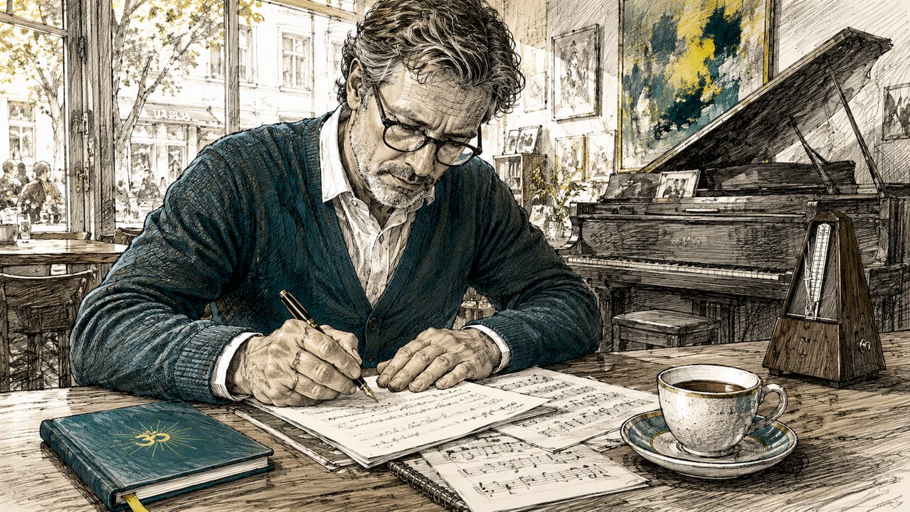 Music wisdom: your guide to healing and growth through sound 1 Man studying music notes in home study
