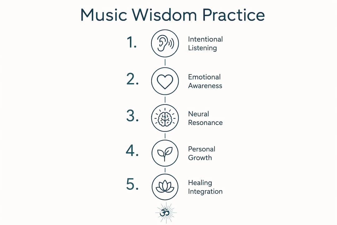 Music wisdom: your guide to healing and growth through sound 2 Infographic outlining steps of music wisdom practice