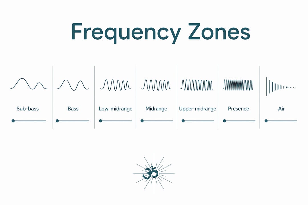 Listen to frequencies: a guide to sound and well-being 2 Infographic illustrating seven main frequency zones