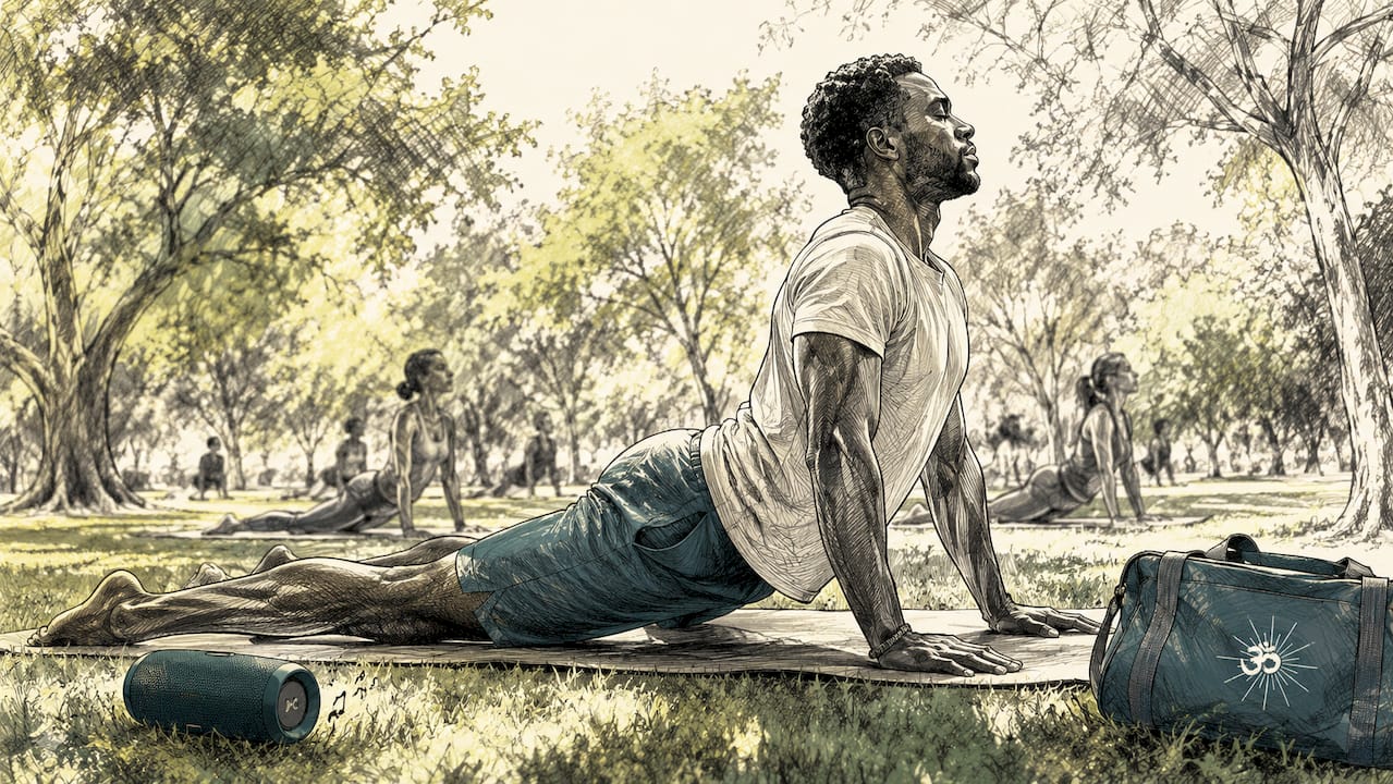 How to use music for yoga meditation fusion 1 Man practicing active flow yoga with music in studio
