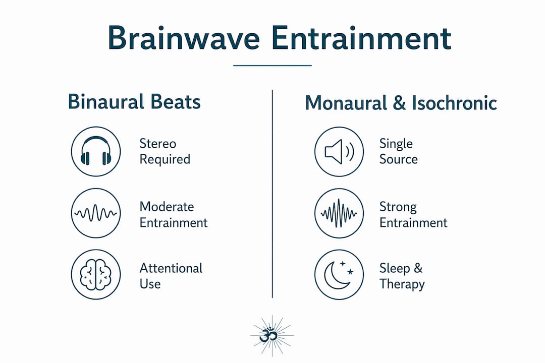 Delta binaural waves: science, sleep, and deep relaxation 3 Infographic comparing binaural, monaural, and isochronic brainwave entrainment