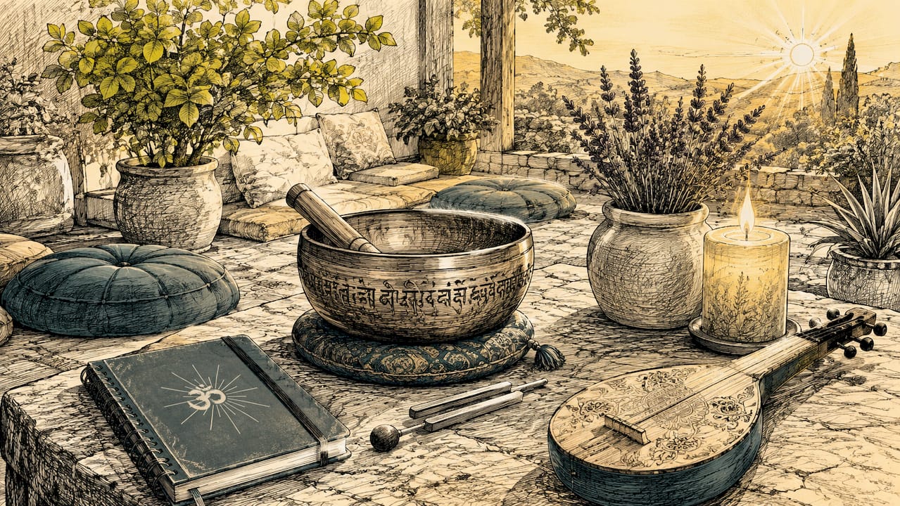 Enlightening music: 10 tracks for meditation and healing 1 Meditation musical instruments on wooden table